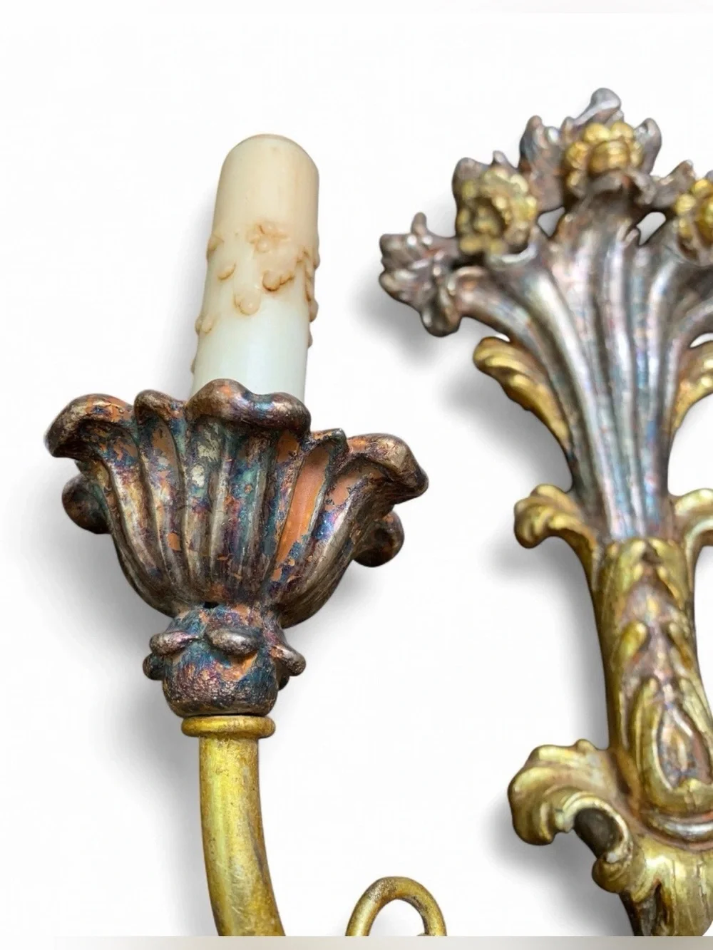 Pair Antique Carved Italian Gilt Gibson & Gibson 2-Arm Wired Wall Sconces